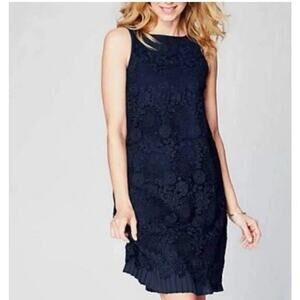 J. Jill Dress Size XL‎ Navy Pleated Hemline Sleeveless Lace Shift Embroidered